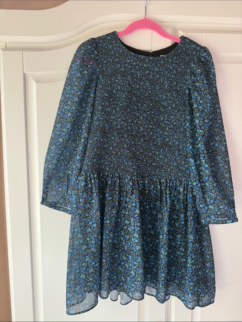 Girls' Navy Blue Floral Long-Sleeve Dress